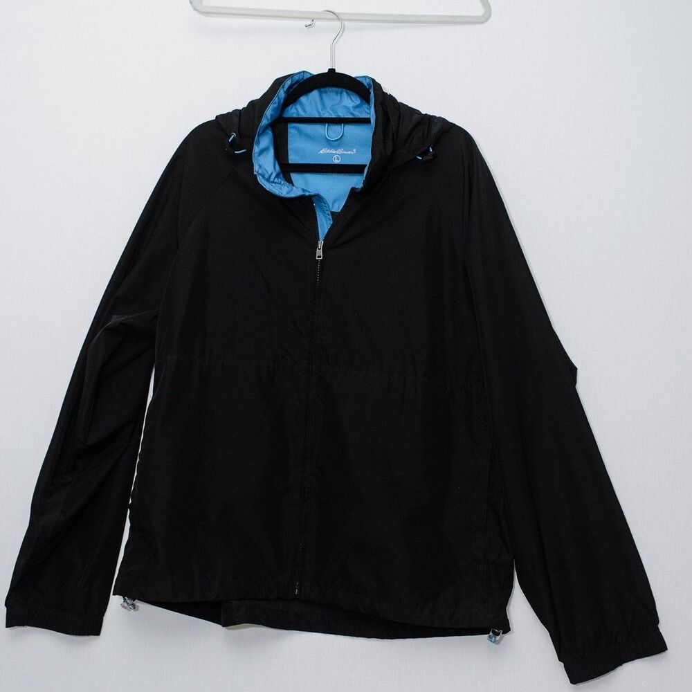 Eddie Bauer Windbreaker Jacket L Black Full Zip Mesh Lined hideaway hood